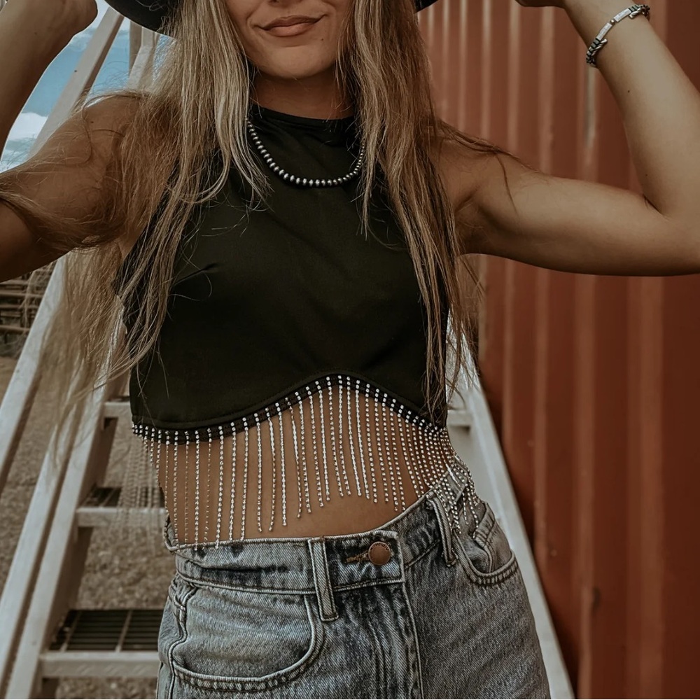 Black rhinestone fringe tank top crop top m medium
